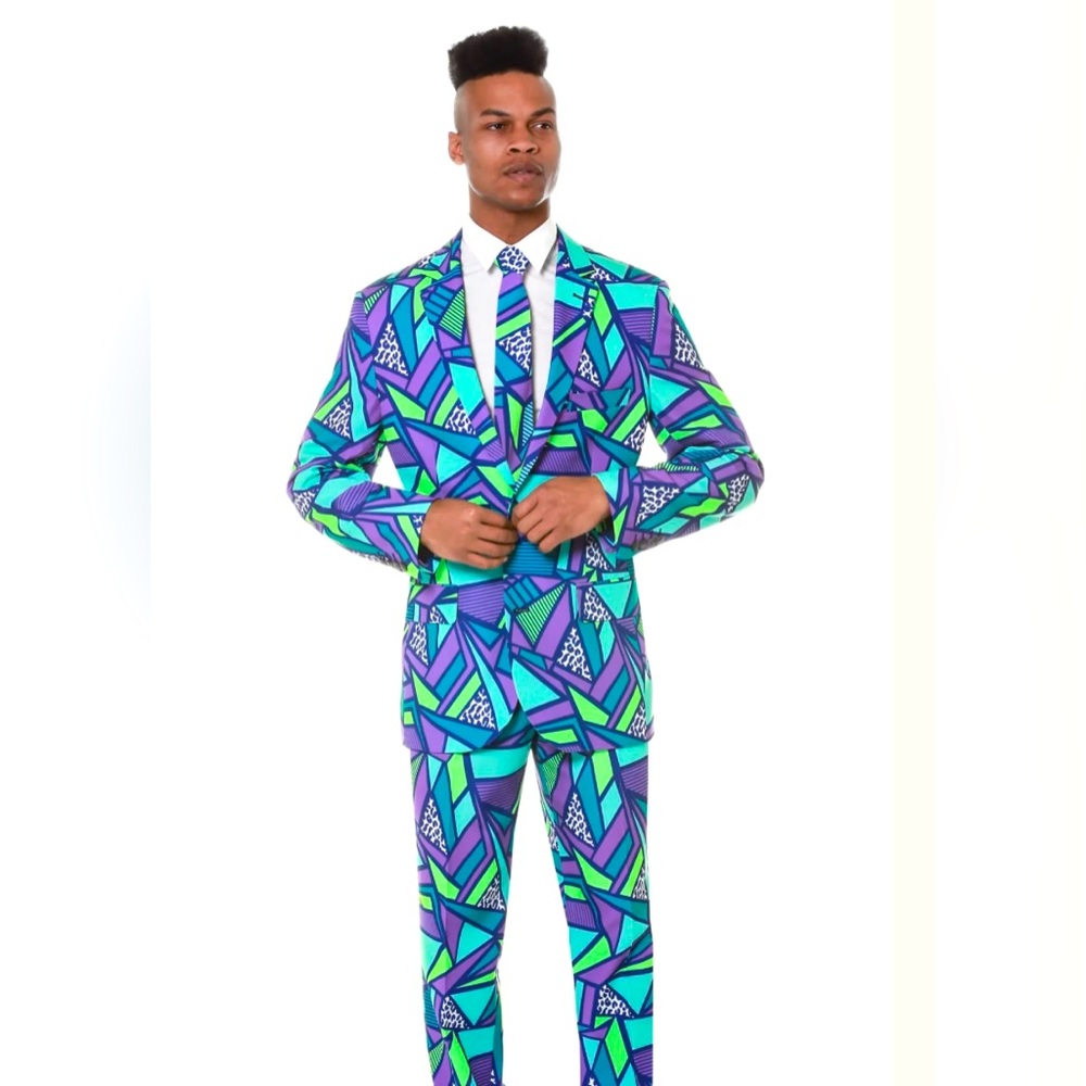Shinesty The Le Tootsky Men’s Neon Rave Suit Jacket 44, Pants 36x33 With Tie EUC